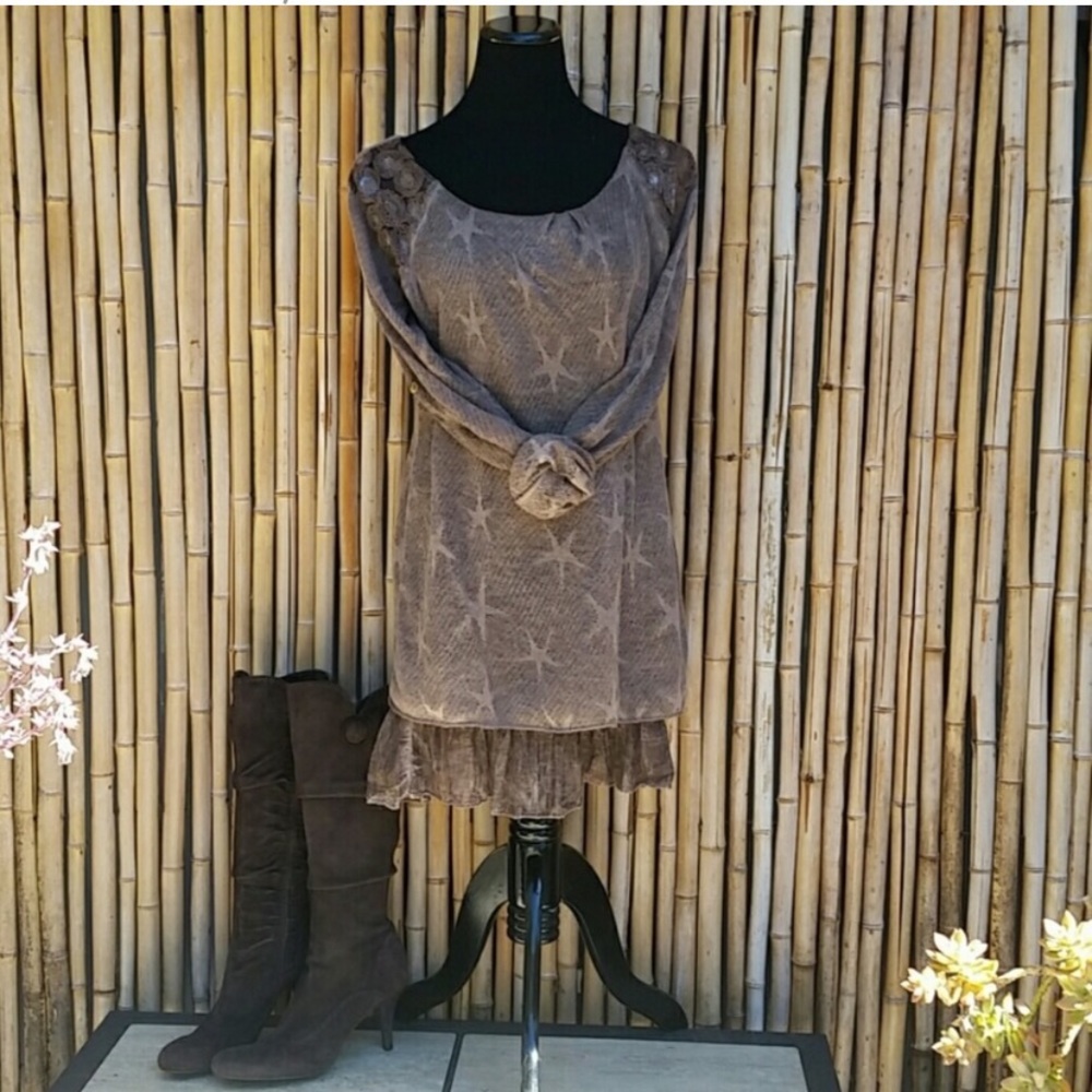 Brown Wool Blend Star Dress& Ruffle Slip